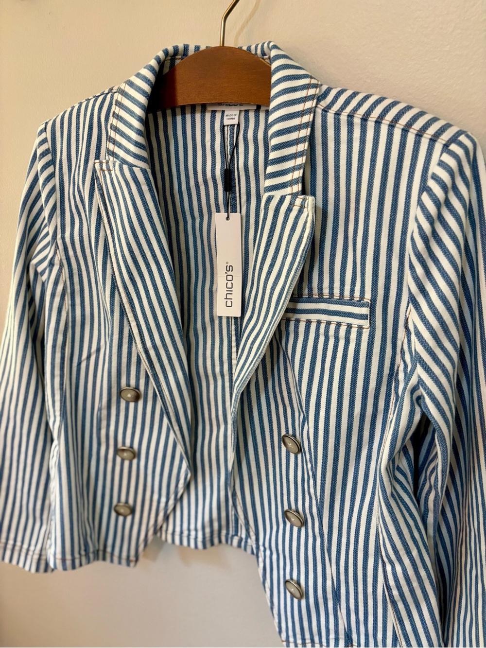 Chico’s Striped Blazer Double-Breasted Cotton NWT Blue White 0.5/Womens S (6)